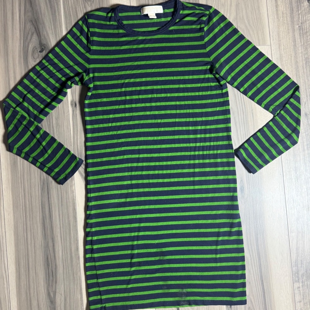 Michael Michael Kors Navy Blue Lime Green Striped Long Sleeve T-Shirt Dress XS